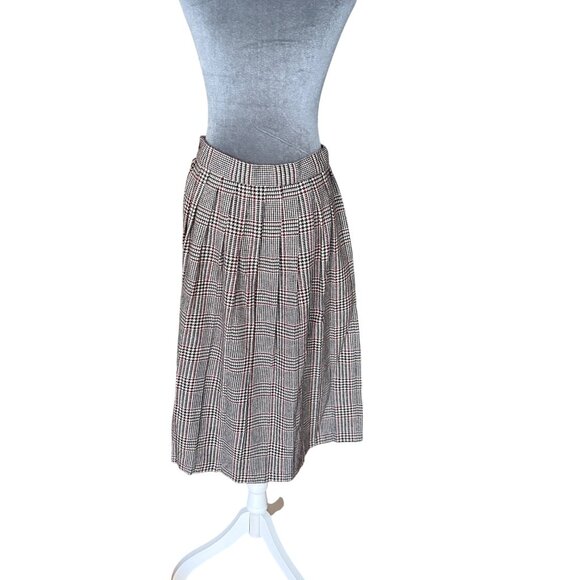 Vintage Plaid High-Waisted Pleated Midi Skirt Size 13 Polyester Blend Black Red - Picture 5 of 7